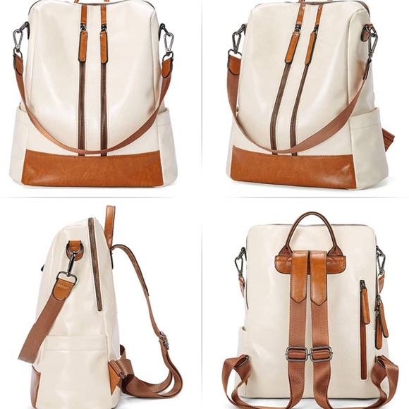 Beige Brown High Quality PU Leather Backpack Purse Convertible Large